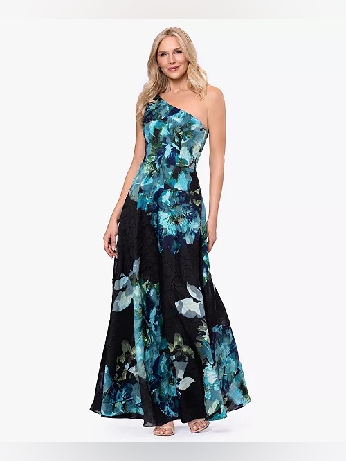 Betsy & Adam Black One-Shoulder Floral Gown
